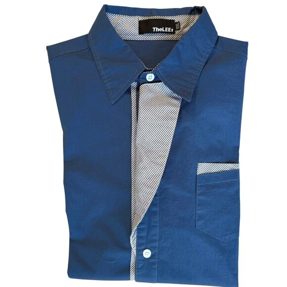 Blue Button Down Dress Shirt Mens Large Fitted Lapel Cuff Accent Going Out Chic - Picture 12 of 12